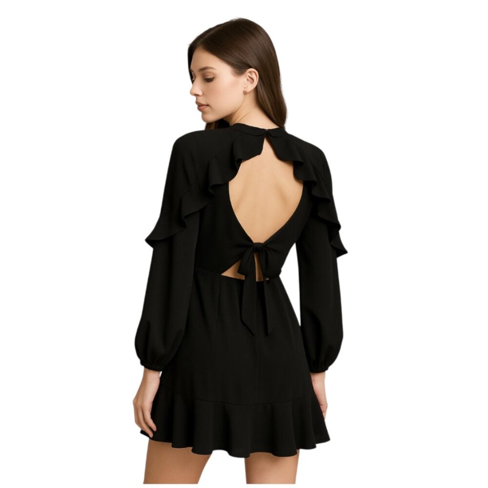 JAYGODFREY Size 4 Cutout Back Tie Long Sleeve Ruffle Black Mini Dress